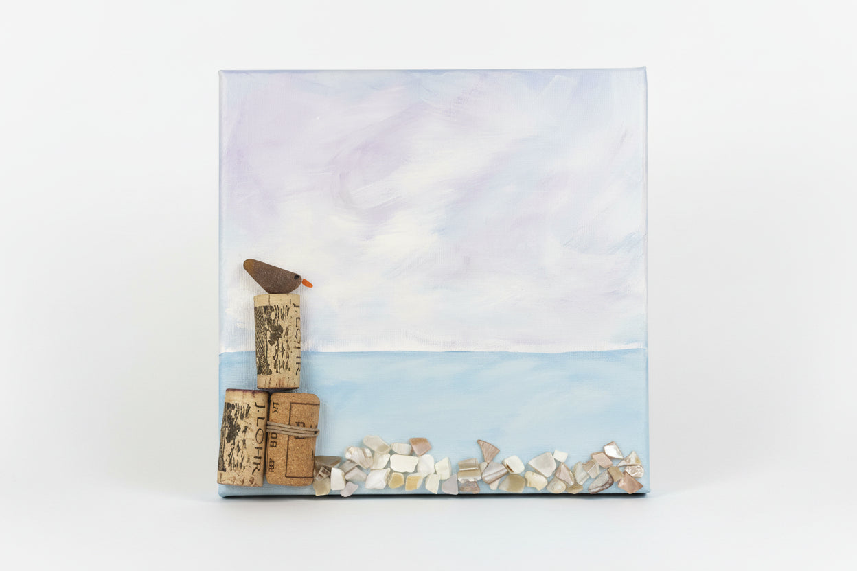 Sea Glass Bird on Dock – Handmade Coastal Wall Art