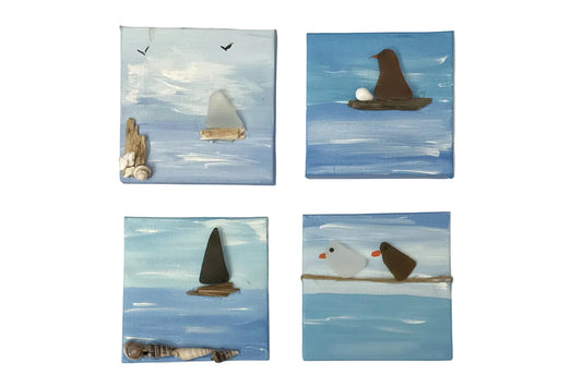 Sea Glass Bird Art – Handmade Coastal Decor 2.5" x 2.5" Canvas
