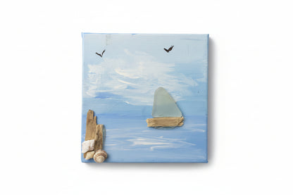 Sea Glass Bird Art – Handmade Coastal Decor 2.5" x 2.5" Canvas