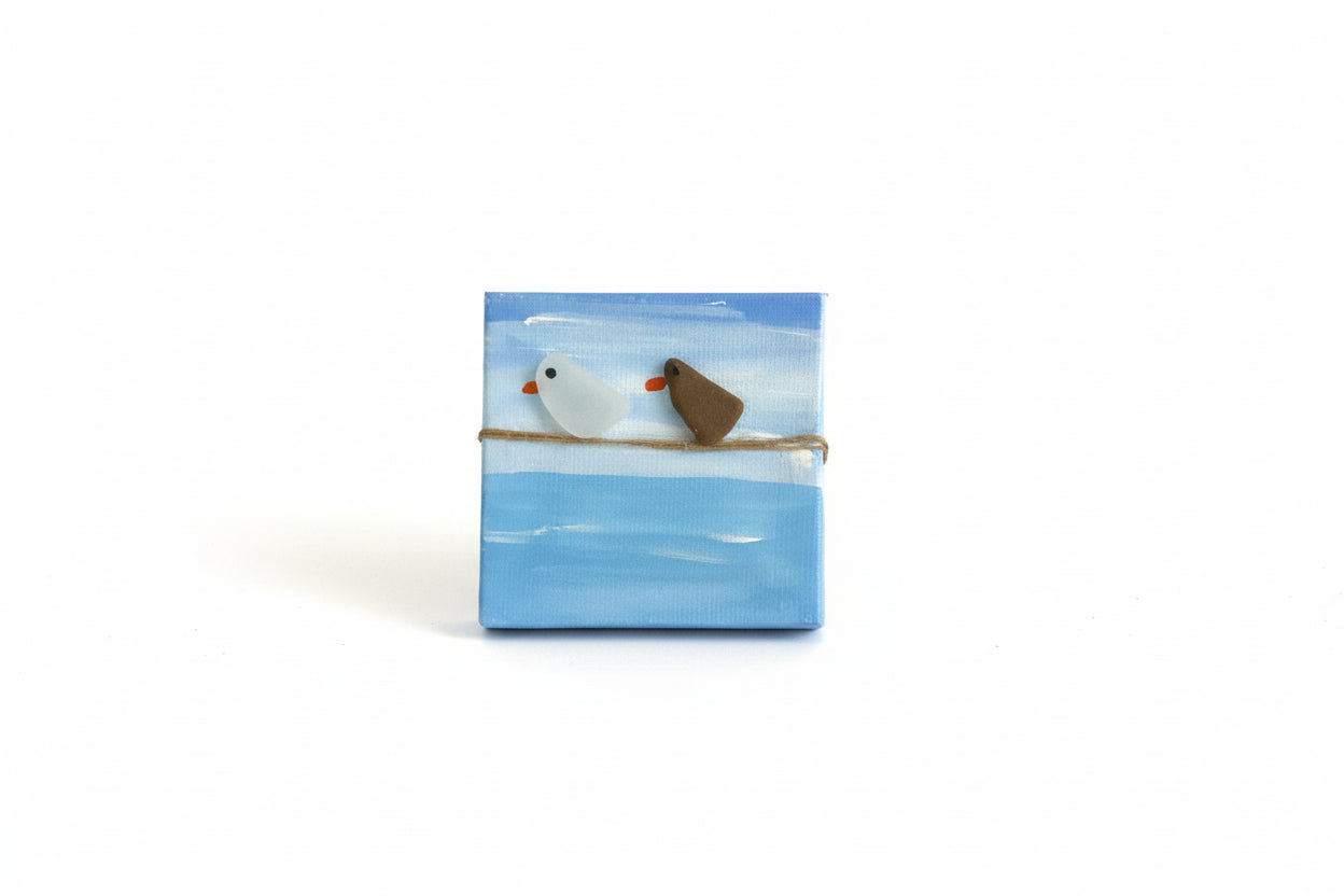 Sea Glass Bird Art – Handmade Coastal Decor 2.5" x 2.5" Canvas