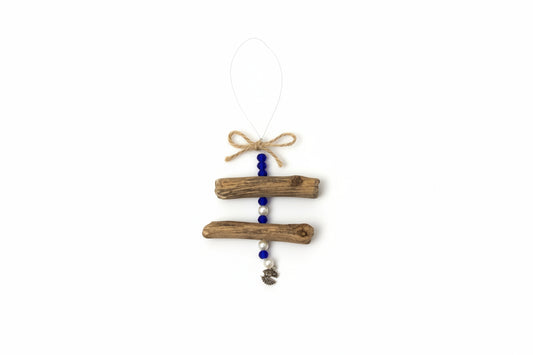 Rustic Driftwood & Blue Bead Hanging Ornament