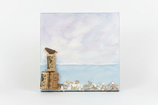 Sea Glass Bird on Dock – Handmade Coastal Wall Art